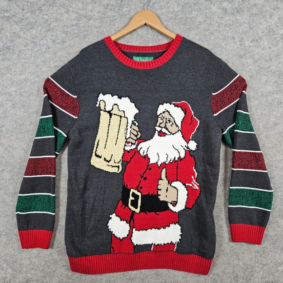 Ugly Christmas Sweater Men's Size XL Santa Beer Thumbs Up Graphic Knit Warm PULL - Picture 1 of 10